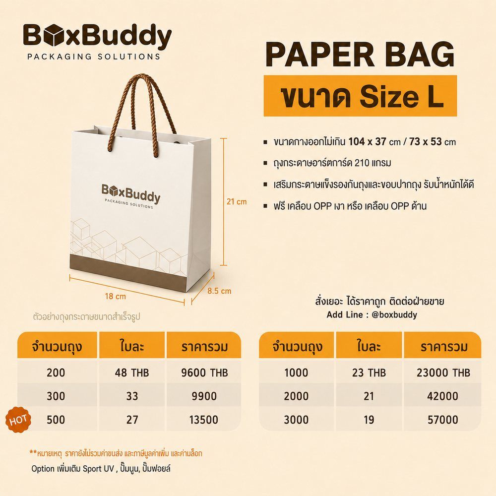 ตารางราคาถุงกระดาษ BoxBuddy ไซส์ L · ขนาดกางออกไม่เกิน 104 × 37 / 73 × 53 ซม. · อาร์ตการ์ด 210 แกรม · 200 ใบ ใบละ 48 บาท รวม 9,600 บาท · 300 ใบ ใบละ 33 บาท รวม 9,900 บาท · 500 ใบ ใบละ 27 บาท รวม 13,500 บาท · 1,000 ใบ ใบละ 23 บาท รวม 23,000 บาท · 2,000 ใบ ใบละ 21 บาท รวม 42,000 บาท · 3,000 ใบ ใบละ 19 บาท รวม 57,000 บาท · ราคายังไม่รวมค่าขนส่งและภาษีมูลค่าเพิ่ม