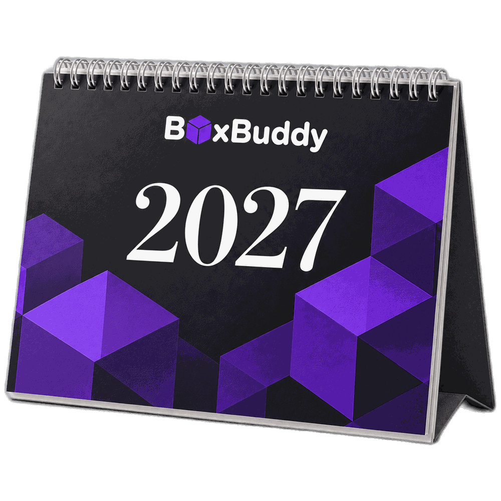 ปฏิทินตั้งโต๊ะ 2570 (2027) ขนาด 6x8 นิ้ว อาร์ตการ์ด 260 แกรม กระดาษหนาพิเศษ สันห่วงกระดูกงู พิมพ์โลโก้บริษัทบนหน้าปก ผลิตโดย BoxBuddy